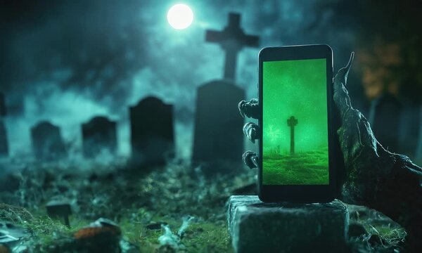 Zombie hand holding phone in eerie graveyard at night