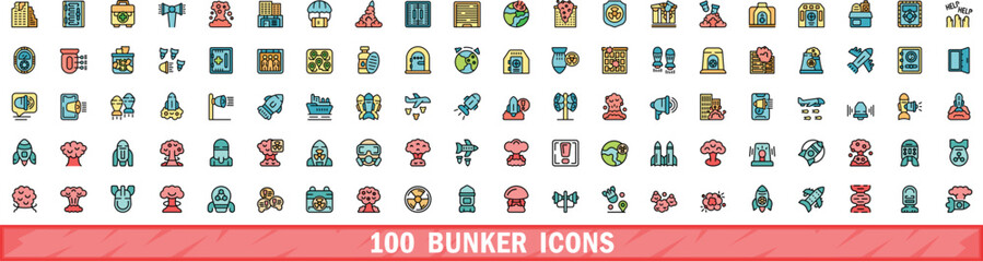 100 bunker icons set. Color line set of bunker vector icons thin line color flat on white