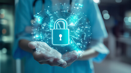 Padlock icon highlighting healthcare data security measures in a hospital setting.