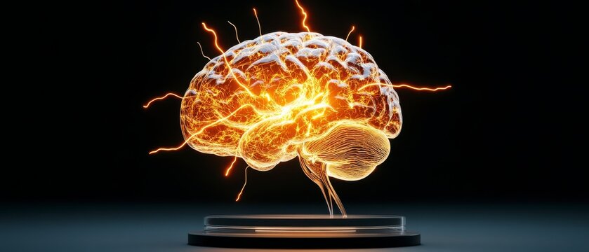 Neural Activity, Glowing brain model with electric impulses, Scientific Illustration.
