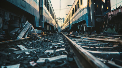 Abandoned train tracks run between motionless trains, littered with debris, evoking a sense of desolation and forgotten journeys.