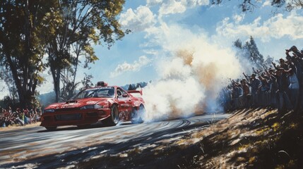 A red sports car drifts around a bend, kicking up dust and smoke while an enthusiastic crowd watches on a sunny day.
