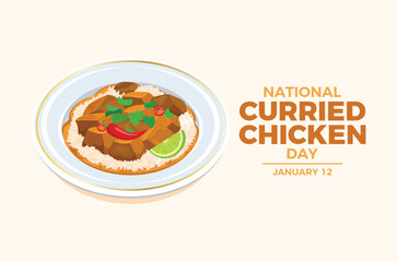 National Curried Chicken Day poster vector illustration. Chicken curry with rice, coriander and chili pepper icon. Chicken Tikka Masala on a plate drawing. January 12 each year