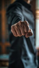 Close-Up of Hand Demonstrating Defensive Stance in Office Setting for Professional Training Materials
