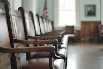 Formal courtroom setting, empty seats, law and justice