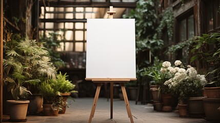 A blank canvas on an easel mockup in a lush indoor garden setting, surrounded by various potted plants and flowers, with natural light filtering through large windows.