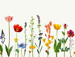 A whimsical illustration of various stylized flowers