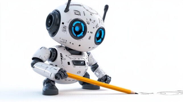 An AI robot with a pencil and eraser writes on a white background. The robot uses AI to create images and learn by itself.