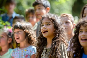 Children Singing Outdoors at School Picnic, Happy Kids Enjoying Nature in Group Activity