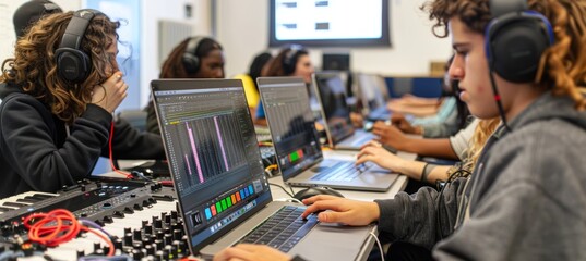 Digital Music Production Class for Students Using Laptops and Headphones - Ideal for Education and Tech Themes