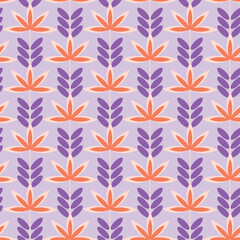 Abstract purple and orange flowers seamless pattern geometric floral motif purple background. Vintage ornamental design fashion fabric textile swatch decorative ornament. Vector pattern