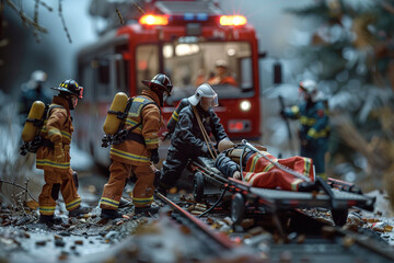 Diorama of rapid response teams, we see the firemen working, injured on stretchers.