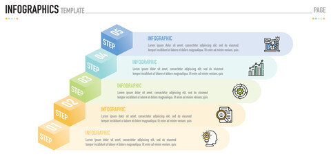 Infographic template or element with 5 step, process, option, colorful 3D square, rectangle, box layer, pyramid, funnel, icons on white background for sale slide, minimal modern simple style, origami © Kattika