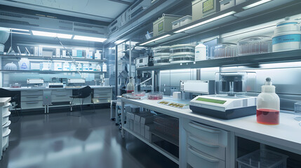 Modern Scientific Lab: A sterile and sleek laboratory setting, designed for scientific research, features high-tech equipment, shelves filled with beakers and vials, and a clean, minimalist aesthetic.