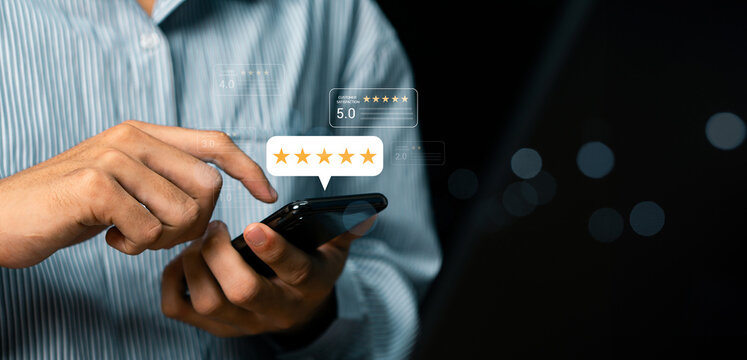 Customer review satisfaction feedback survey concept, User give rating to service experience on online application, Customer services best excellent business rating experience.