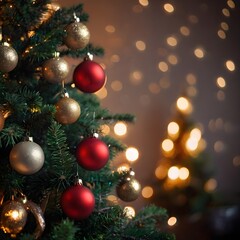 Fototapeta premium Close up of balls on Christmas tree. Bokeh garlands in the background. New Year concept.