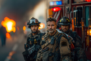 Fototapeta premium Rapid response team preparing to intervene between fire trucks.