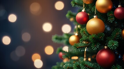Fototapeta premium Close up of balls on Christmas tree. Bokeh garlands in the background. New Year concept.