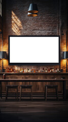 TV mockup. A stylish bar interior featuring a wooden counter, high stools, and a large blank TV mockup screen on the wall. 