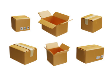 Collection vector 3D cardboard boxes, closed and open, with adhesive tape on a white background,