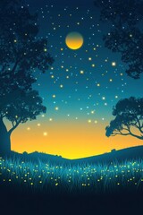 Naklejka premium Whispers of twilight under a starry sky in a tranquil meadow