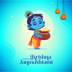 Happy Krishna Janmashtami Festival Background Template with Cute Lord Krishna Illustration