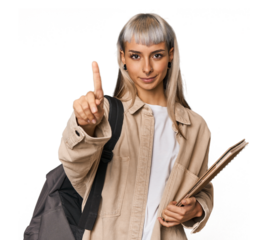 Caucasian young student with books showing number one with finger.
