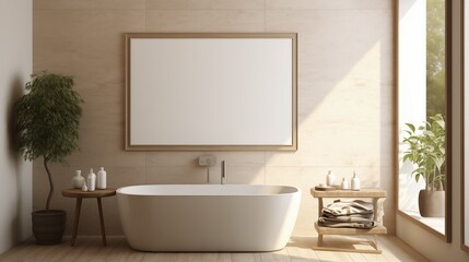 Bathroom picture canvas mockup. A modern bathroom featuring a freestanding bathtub, a large empty frame mockup on the wall, and natural light streaming through