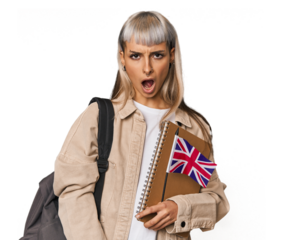 Young erasmus student with books screaming very angry and aggressive.