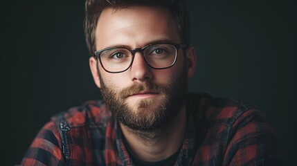 Fototapeta premium a man with a serious expression. He has short, dark hair and is wearing glasses with dark frames. He has a full beard and mustache. He is dressed in a red and black plaid shirt