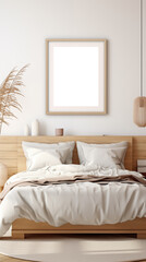 Bedroom picture canvas mockup. A cozy bedroom featuring a wooden bed with white bedding, two pillows, and a light-colored wooden headboard. 