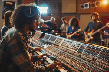 Music School Recording Studio Session with Sound Engineer and Band Performing Live