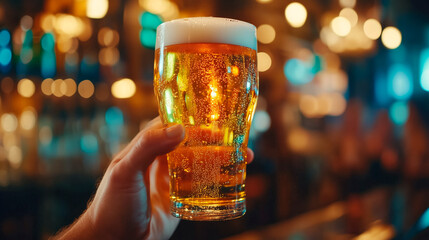 hand holding a glass of beer at a bar