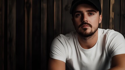 Fototapeta premium 32-years old man - a man with a serious expression. He has a short beard and mustache, and he is wearing a black baseball cap. He is dressed in a plain white t-shirt
