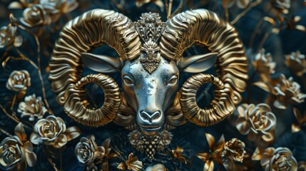 Obraz premium Golden Ram Head with Floral Accents