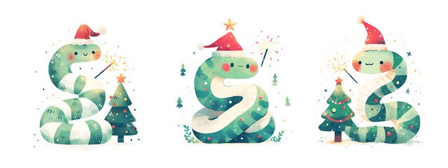 Fototapeta premium A festive illustration celebrating Christmas and the New Year 2025, featuring a snake in santa hat adorned with sparkler