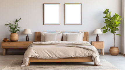 Bedroom picture mockup. A modern bedroom featuring a wooden bed with beige bedding, two bedside tables with lamps, and potted plants. 
