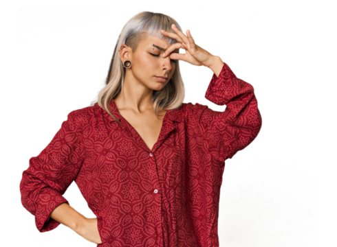 Young caucasian young woman in studio having a head ache, touching front of the face. - Powered by Adobe