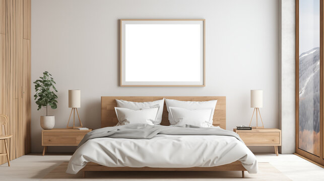 Bedroom picture canvas mockup. A modern bedroom featuring a wooden bed with white bedding, two bedside tables with lamps, and a large empty frame mockup.