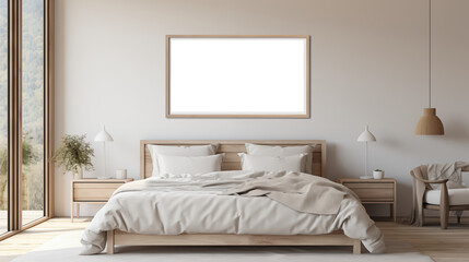 Framed picture canvas mockup in the bedroom. A modern bedroom featuring a large bed with white bedding, wooden furniture, and large windows allowing natural light. 
