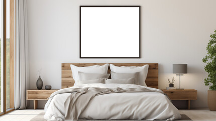Framed picture canvas mockup in the bedroom. A modern bedroom featuring a wooden bed with white bedding, a minimalist design, and a large empty frame mockup.