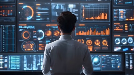 Data Scientist Analyzing Big Data Sets in Futuristic Modern Office Environment