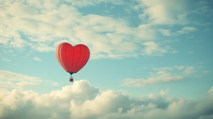 Fototapeta premium A red heart-shaped balloon floats high above, suggesting a romantic or celebratory atmosphere