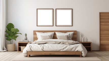Bedroom framed picture canvas mockup. A modern bedroom featuring a wooden bed with white bedding, two empty picture mockup frames on the wall.