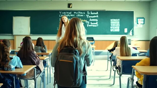 A teacher welcoming students into the classroom on the first day of school