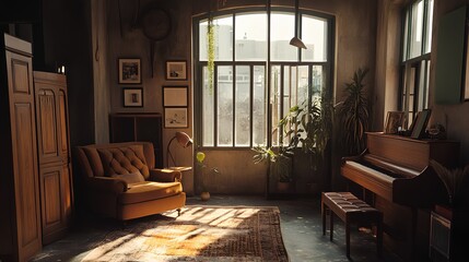 Fototapeta premium a cozy, sunlit room with a vintage aesthetic. There is a large window with multiple panes that allows natural light to flood the space. In front of the window, there is a tall plant