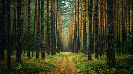 Obraz premium Trekking through a dense forest with towering trees.