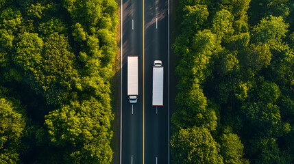 Aerial view of trucks driving on a highway through lush green forest