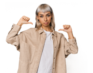 Young caucasian young woman in studio feels proud and self confident, example to follow.