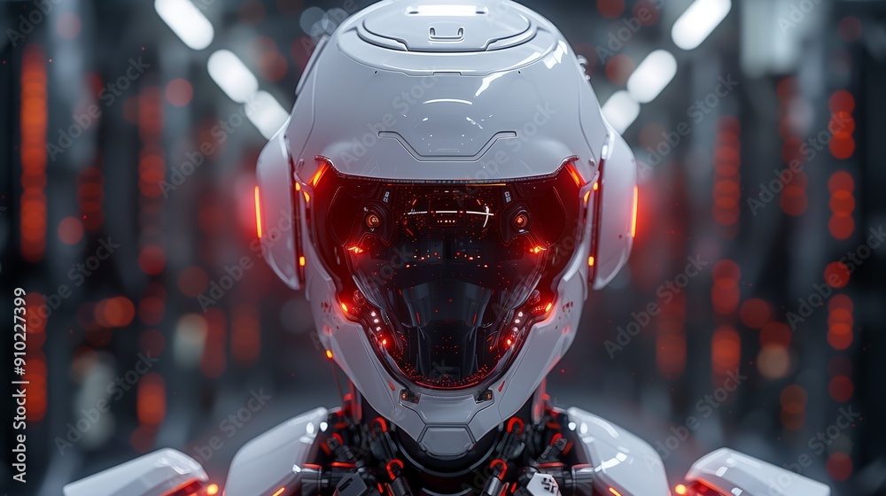 Poster futuristic robotic helmet displayed in high-tech environment with illuminated features